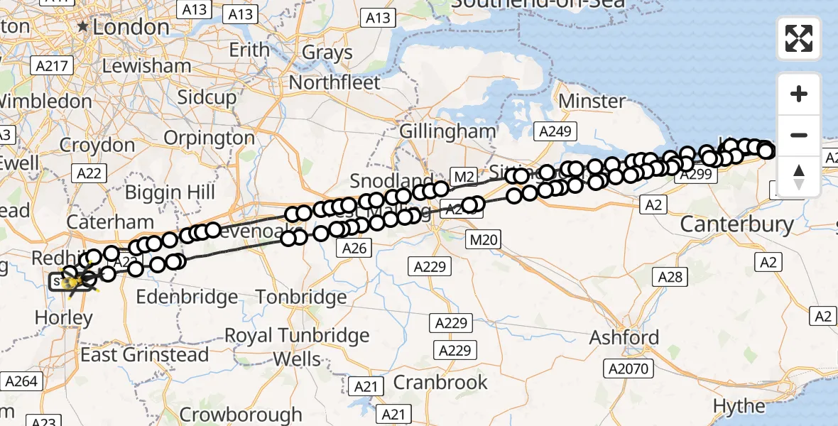 Flight path map showing Police Helicopter route from Redhill Aerodrome to South Nutfield