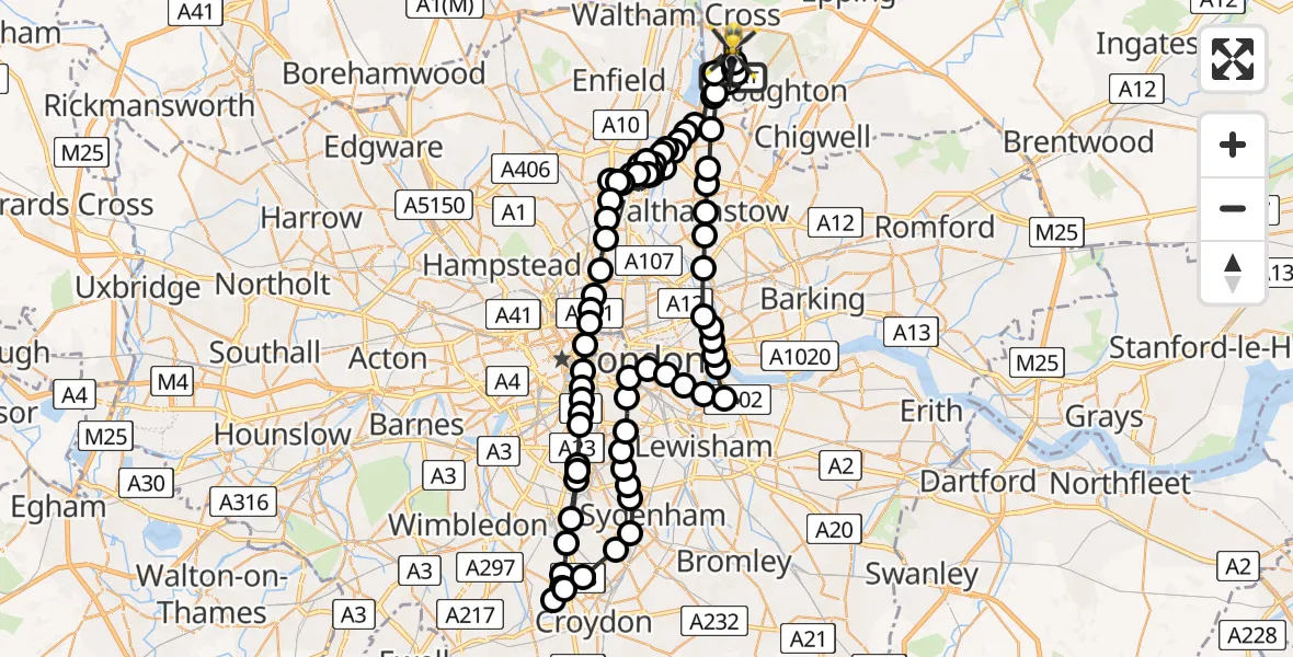 Flight path map showing Police Helicopter route from Metropolitan Police Air Support Unit Lippitts Hill to Epping Forest