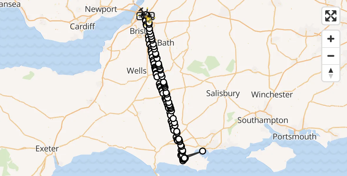 Flight path map showing Police Helicopter route from Almondsbury Helicopter Base to Almondsbury Helicopter Base