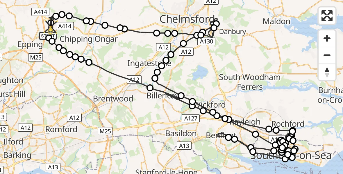 Flight path map showing Police Helicopter route from North Weald Airfield to North Weald Airfield