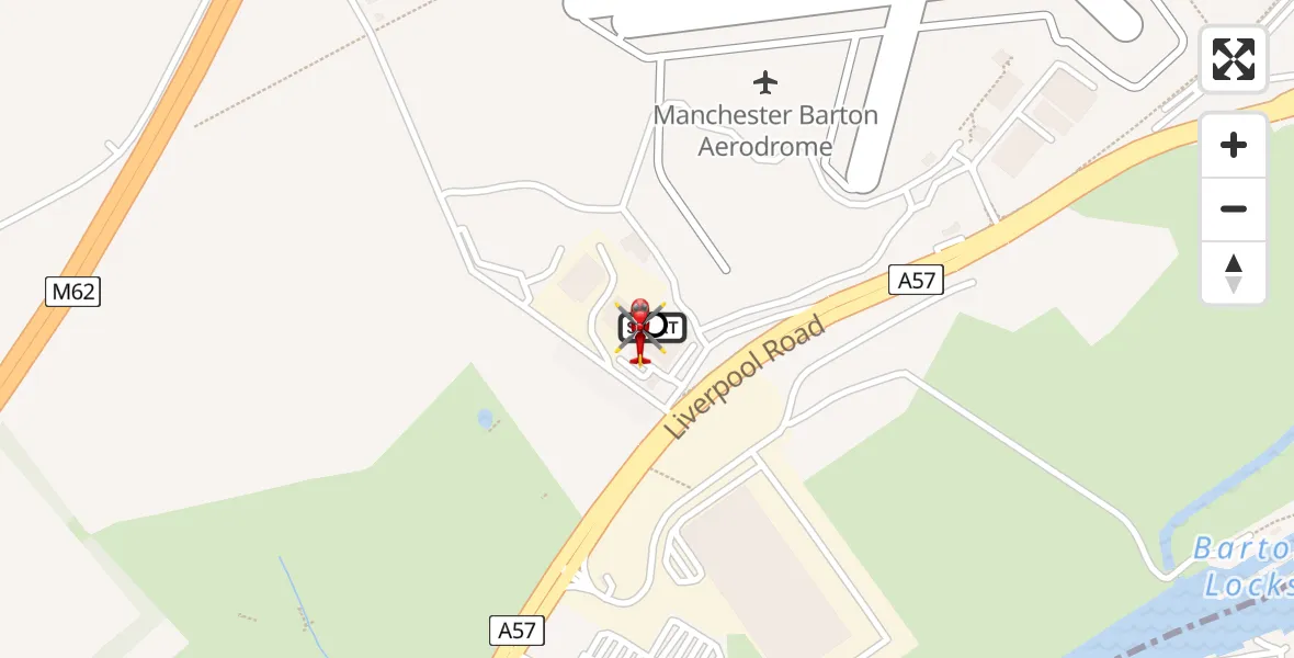 Flight path map showing Air Ambulance Helicopter route from Manchester Barton Aerodrome to Irlam