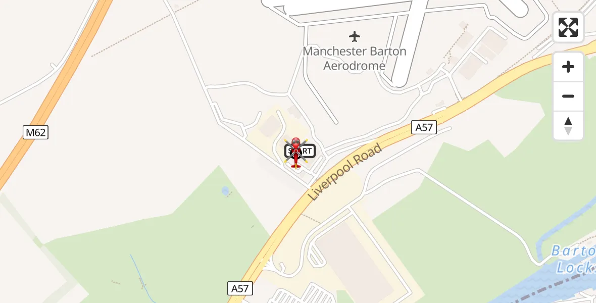 Flight path map showing Air Ambulance Helicopter route from Manchester Barton Aerodrome to Irlam