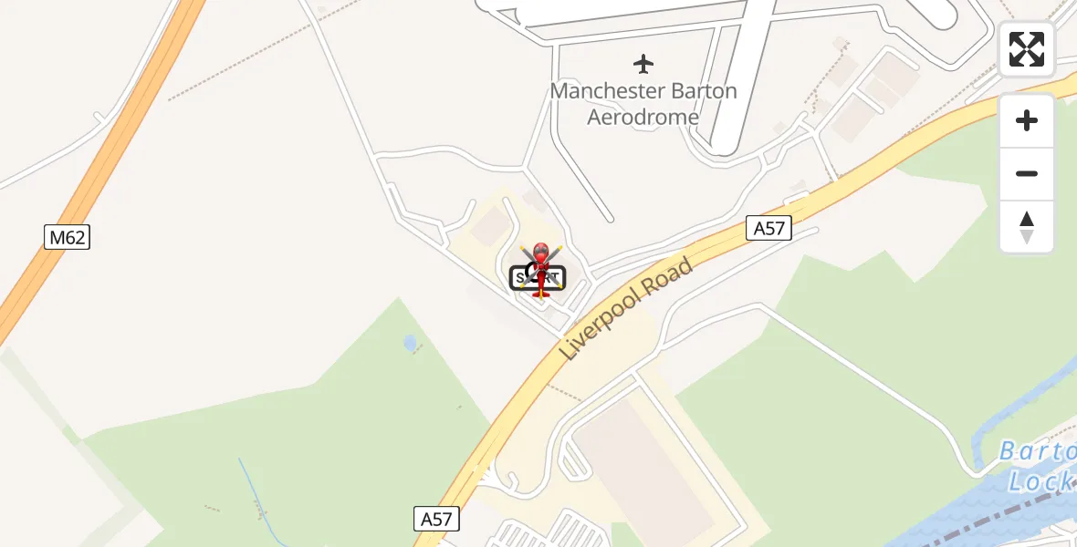 Flight path map showing Air Ambulance Helicopter route from Manchester Barton Aerodrome to Irlam