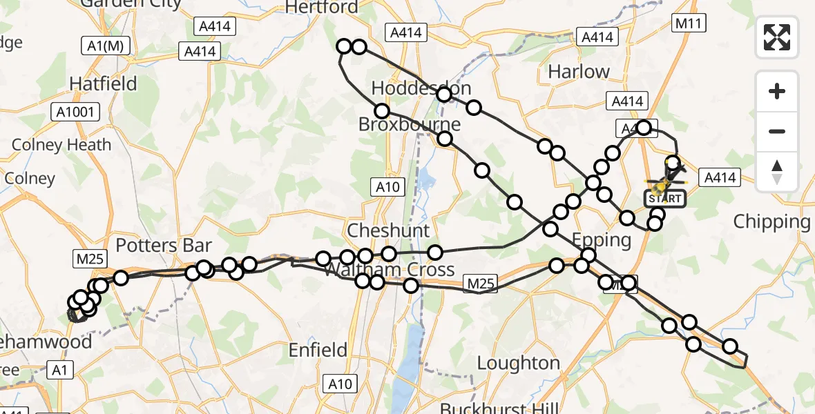 Flight path map showing Police Helicopter route from North Weald Airfield to North Weald Airfield