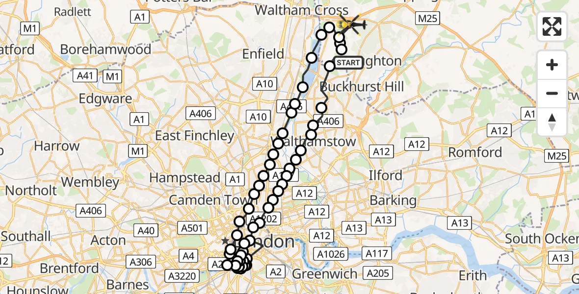 Flight path map showing Police Helicopter route from Sewardstonebury to Epping Forest
