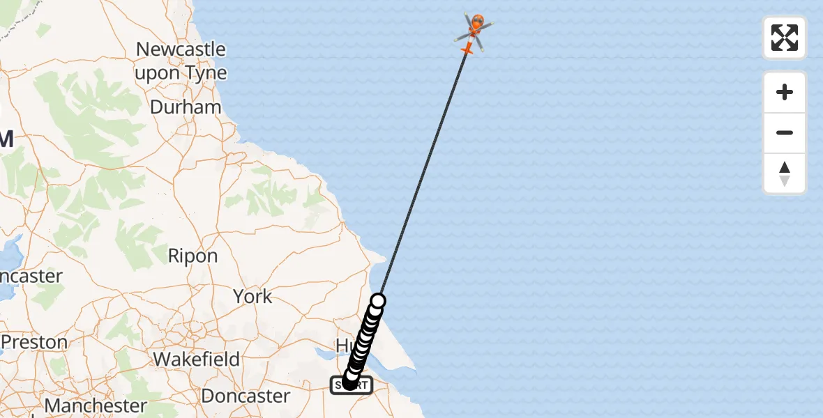 Flight path map showing Coastguard Helicopter route from Humberside Airport to North Sea