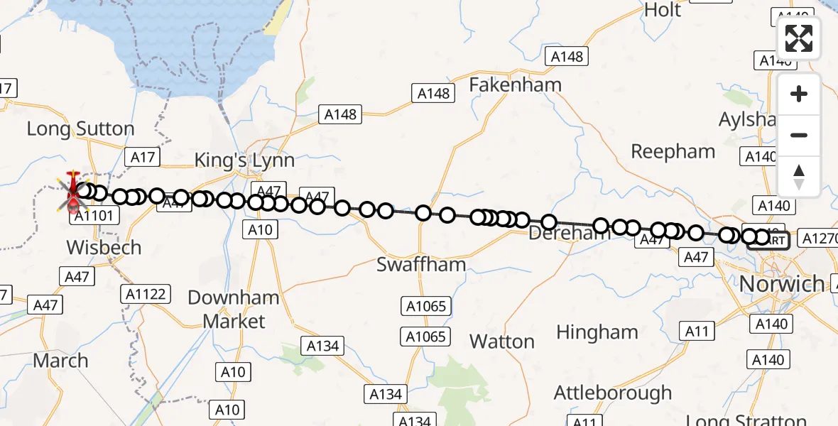 Flight path map showing Air Ambulance Helicopter route from Norwich Airport to Tydd St Giles