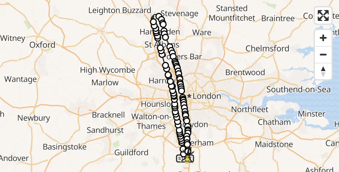 Flight path map showing Police Helicopter route from Salfords to South Nutfield