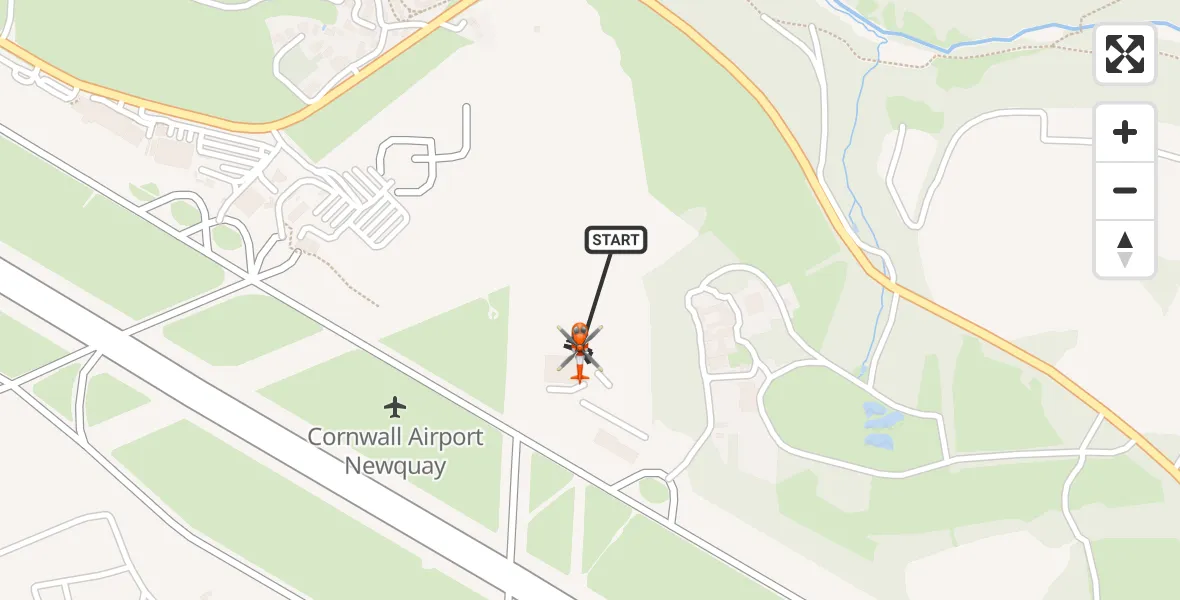 Flight path map showing Coastguard Helicopter route from Cornwall Airport Newquay to Cornwall Airport Newquay