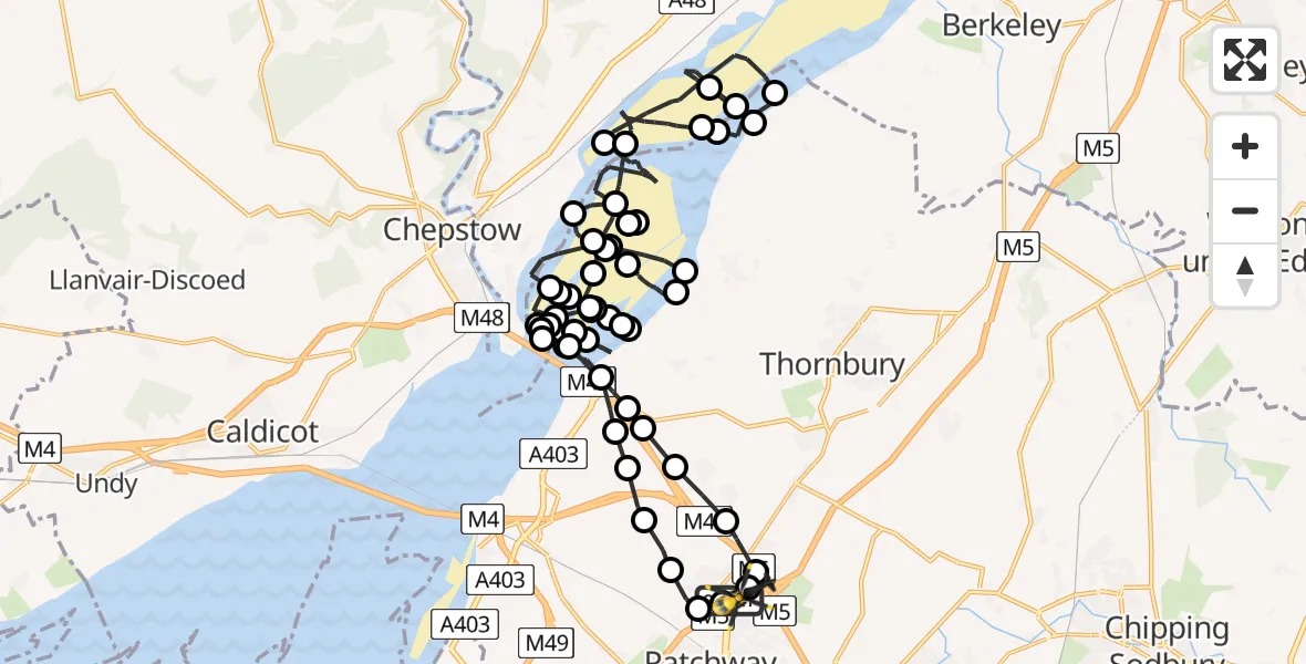 Flight path map showing Police Helicopter route from Almondsbury Helicopter Base to Almondsbury Helicopter Base