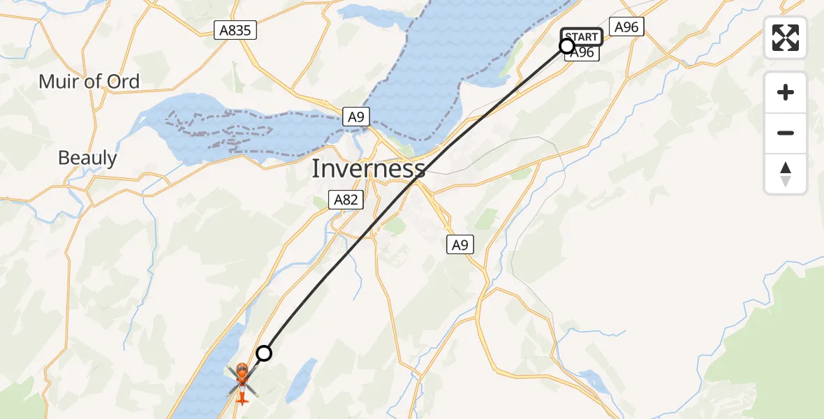 Flight path map showing Coastguard Helicopter route from Inverness Airport to Dores