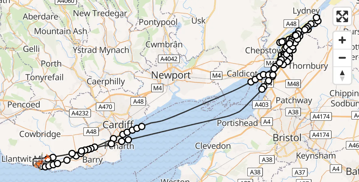 Flight path map showing Coastguard Helicopter route from MOD St Athan to MOD St Athan