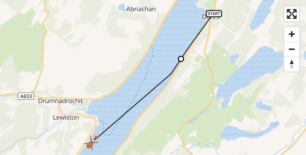 Flight path map showing Coastguard Helicopter route from Dores to Loch Ness