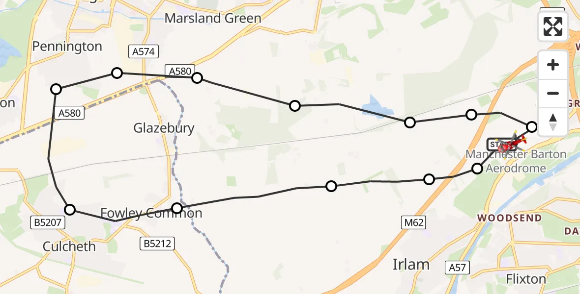 Flight path map showing Air Ambulance Helicopter route from Manchester Barton Aerodrome to Manchester Barton Aerodrome