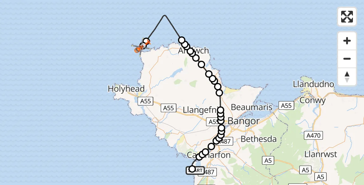 Flight path map showing Coastguard Helicopter route from Caernarfon Airport to Cylch-y-Garn