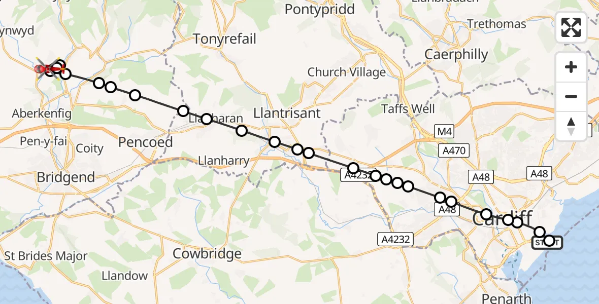 Flight path map showing Air Ambulance Helicopter route from Cardiff Heliport to Bettws