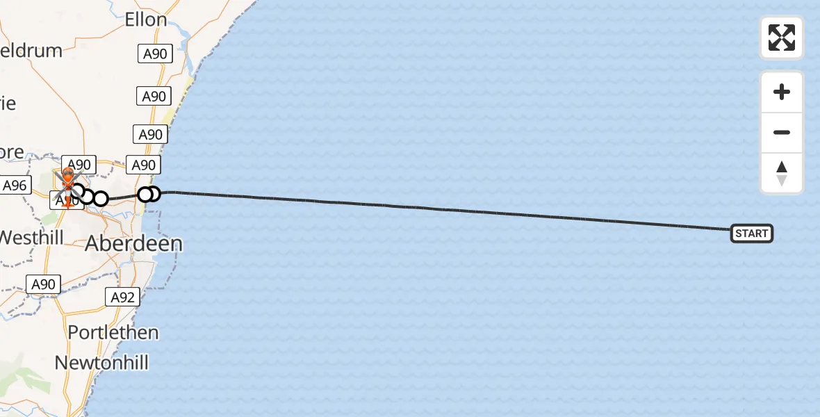 Flight path map showing Coastguard Helicopter route from North Sea to Aberdeen International Airport