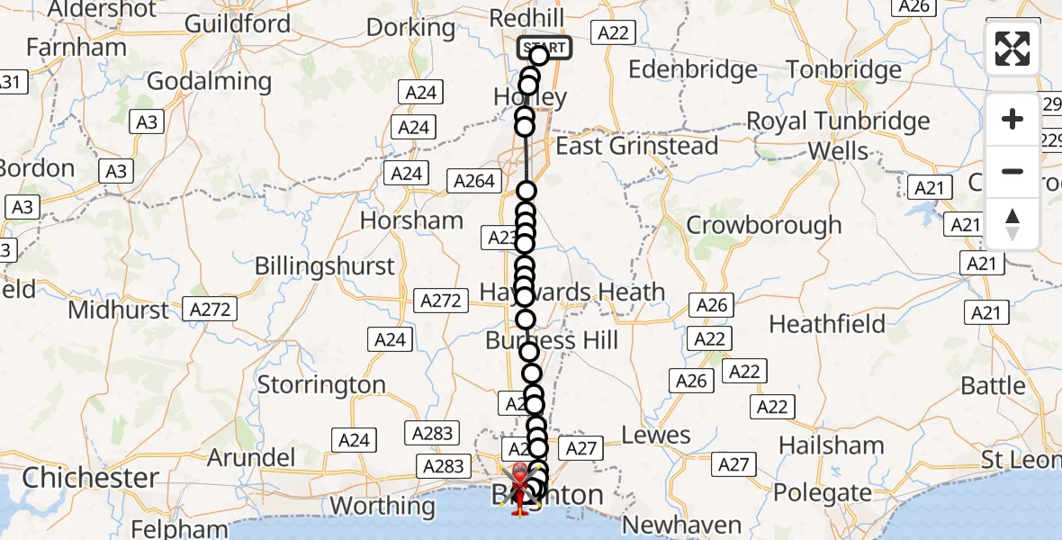 Flight path map showing Air Ambulance Helicopter route from Redhill Aerodrome to Portslade by Sea
