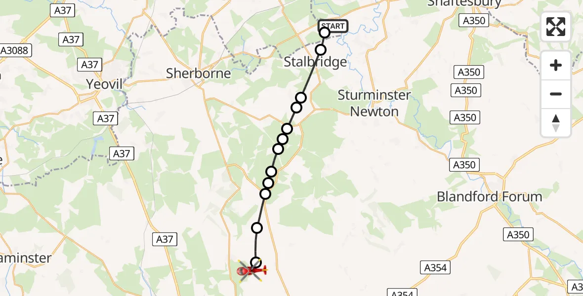 Flight path map showing Air Ambulance Helicopter route from Henstridge Airfield to Piddletrenthide