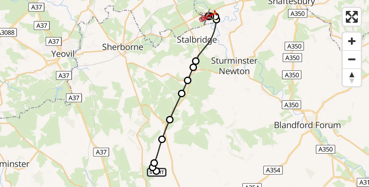 Flight path map showing Air Ambulance Helicopter route from Charminster to Henstridge Airfield