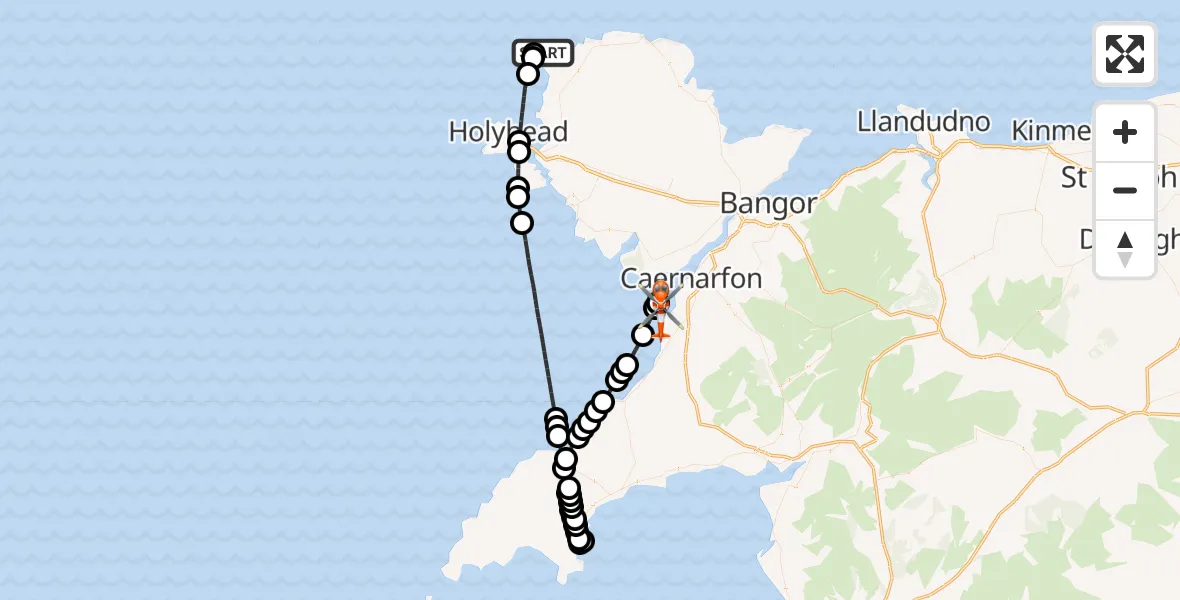Flight path map showing Coastguard Helicopter route from Cylch-y-Garn to Caernarfon Airport