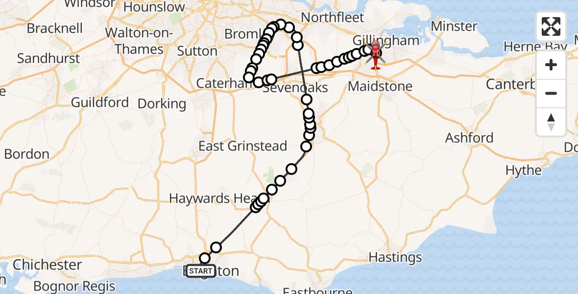 Flight path map showing Air Ambulance Helicopter route from Portslade by Sea to Rochester Airport