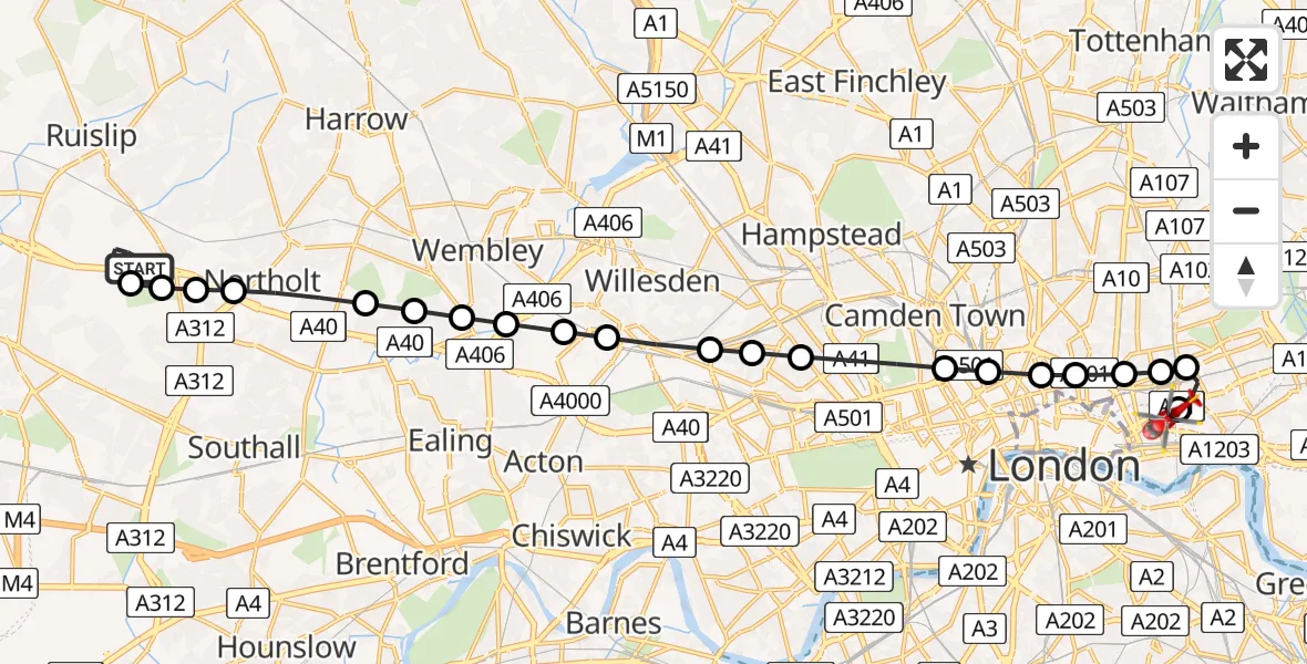 Flight path map showing Air Ambulance Helicopter route from RAF Northolt to Royal London Hospital