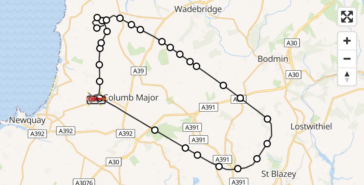 Flight path map showing Air Ambulance Helicopter route from Cornwall Airport Newquay to Cornwall Airport Newquay
