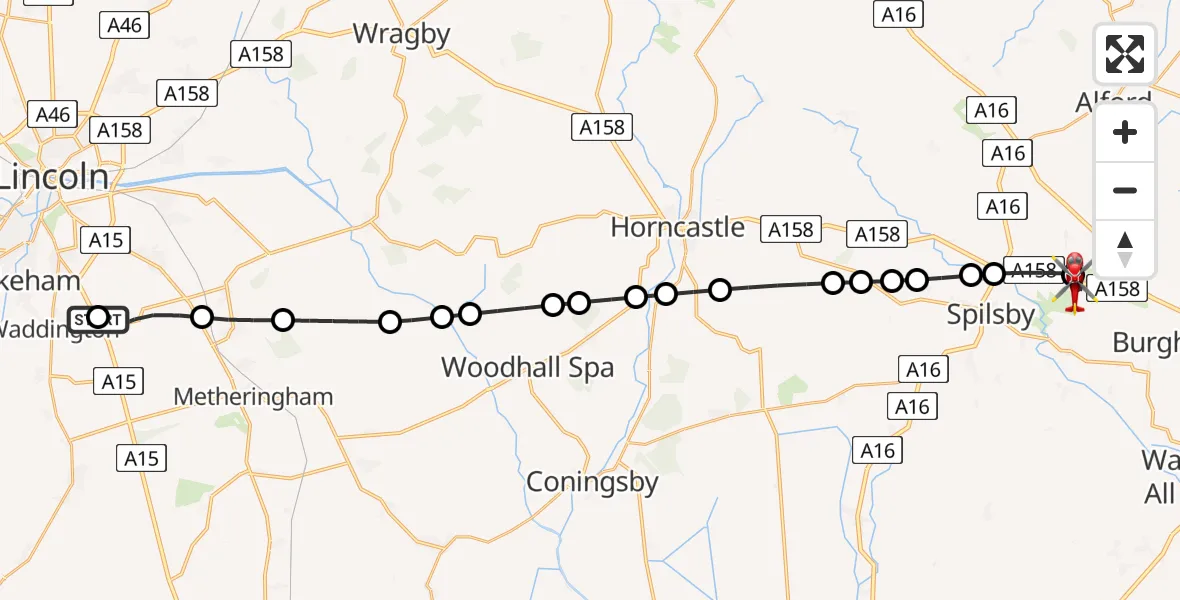 Flight path map showing Air Ambulance Helicopter route from RAF Waddington to Skendleby