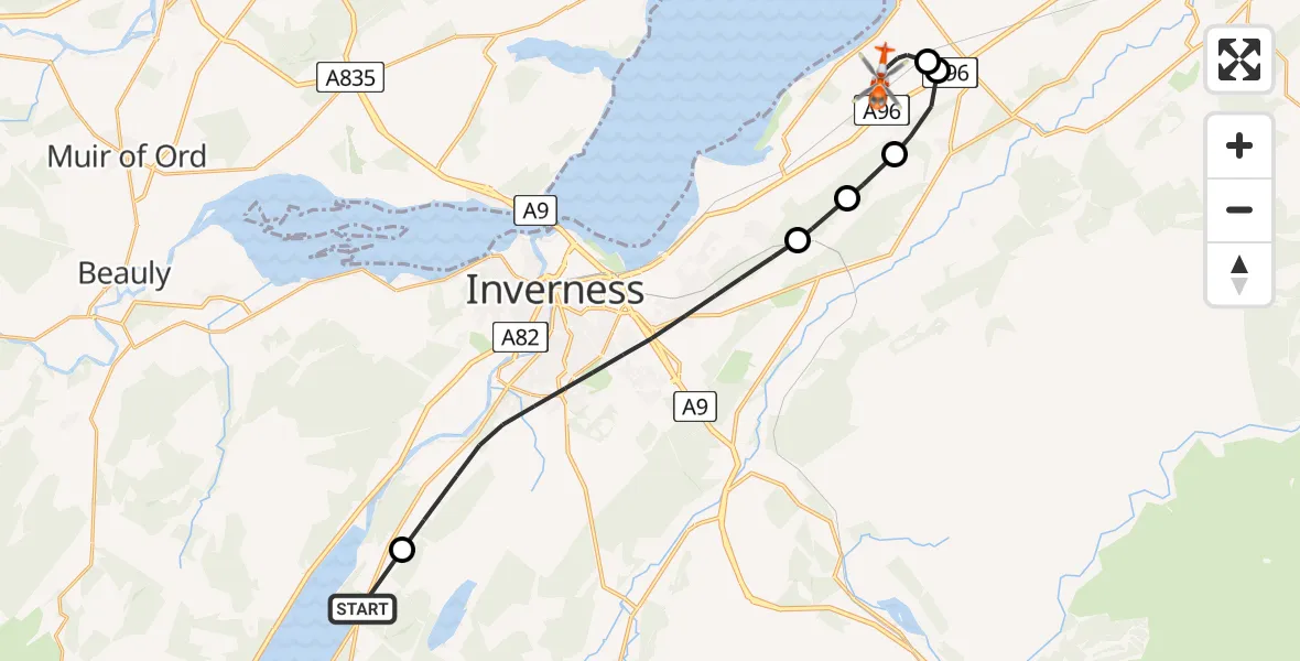 Flight path map showing Coastguard Helicopter route from Dores to Inverness Airport