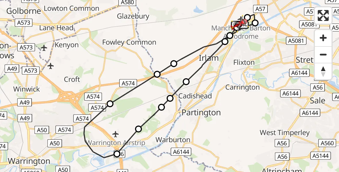 Flight path map showing Air Ambulance Helicopter route from Manchester Barton Aerodrome to Irlam