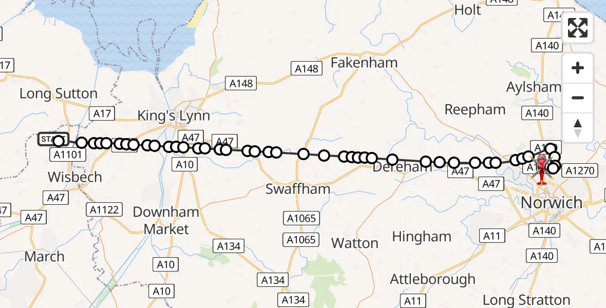 Flight path map showing Air Ambulance Helicopter route from Tydd St Giles to Norwich Airport