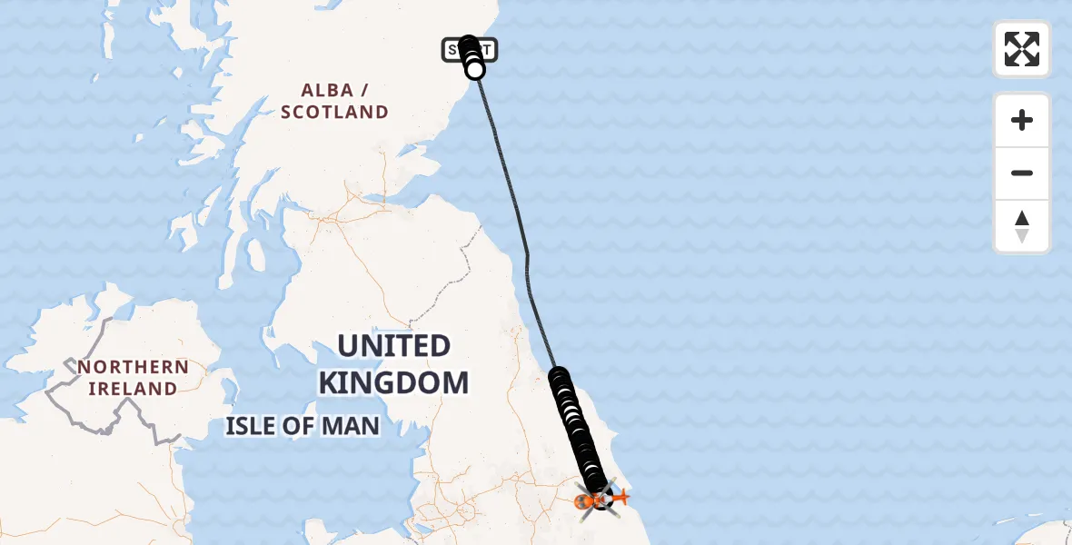 Flight path map showing Coastguard Helicopter route from Aberdeen International Airport to Humberside Airport