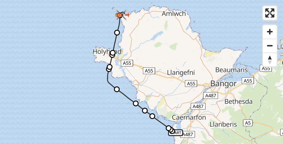 Flight path map showing Coastguard Helicopter route from Caernarfon Airport to Cylch-y-Garn