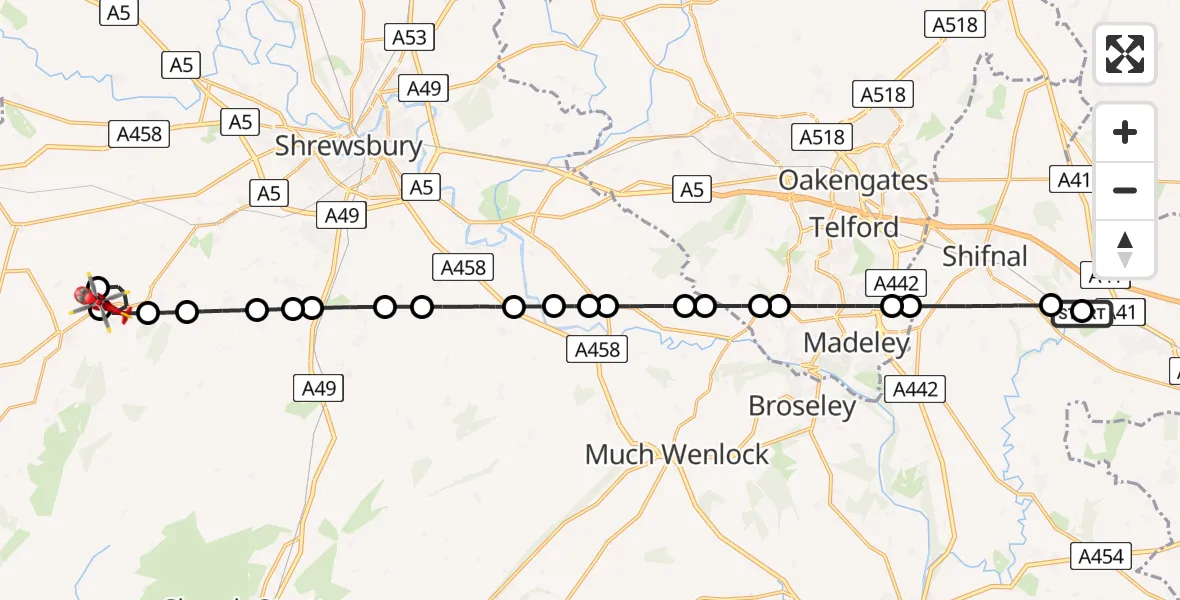 Flight path map showing Air Ambulance Helicopter route from RAF Cosford to Pontesbury