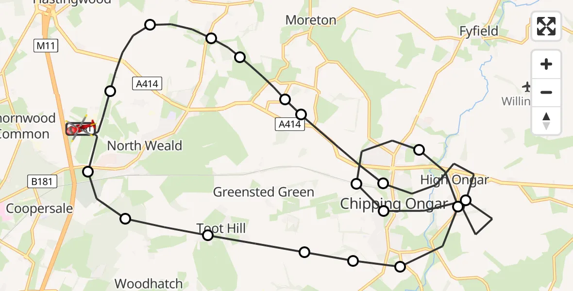 Flight path map showing Air Ambulance Helicopter route from North Weald Airfield to North Weald Airfield