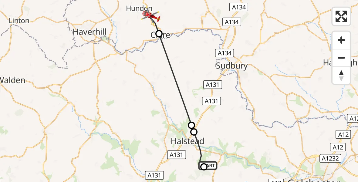 Flight path map showing Air Ambulance Helicopter route from Earls Colne Airfield to Clare