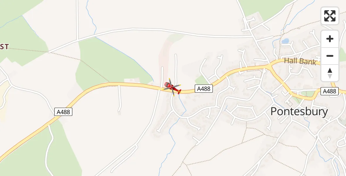 Flight path map showing Air Ambulance Helicopter route from Pontesbury to Pontesbury