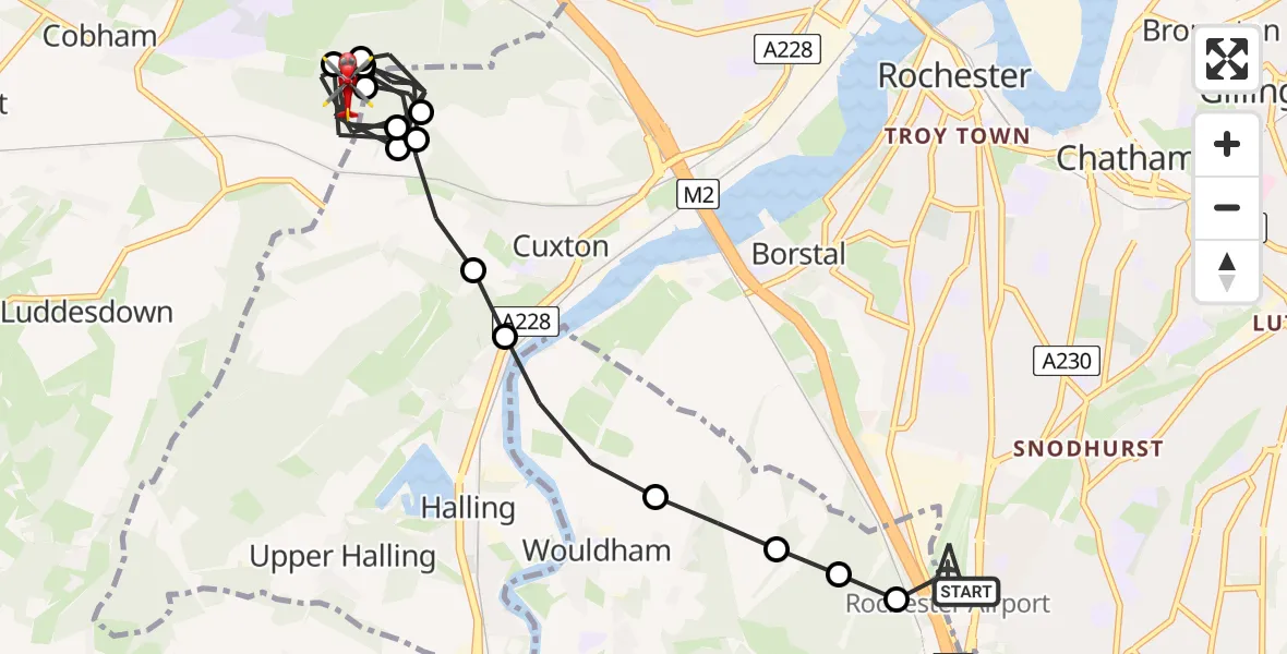 Flight path map showing Air Ambulance Helicopter route from Rochester Airport to Gravesham