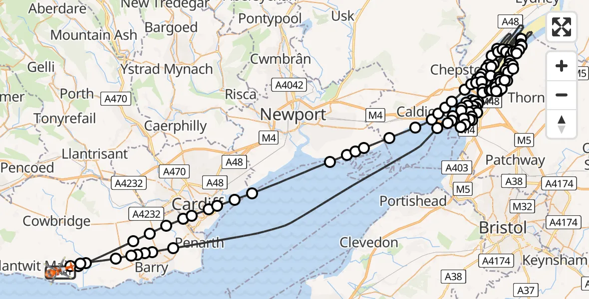Flight path map showing Coastguard Helicopter route from MOD St Athan to MOD St Athan