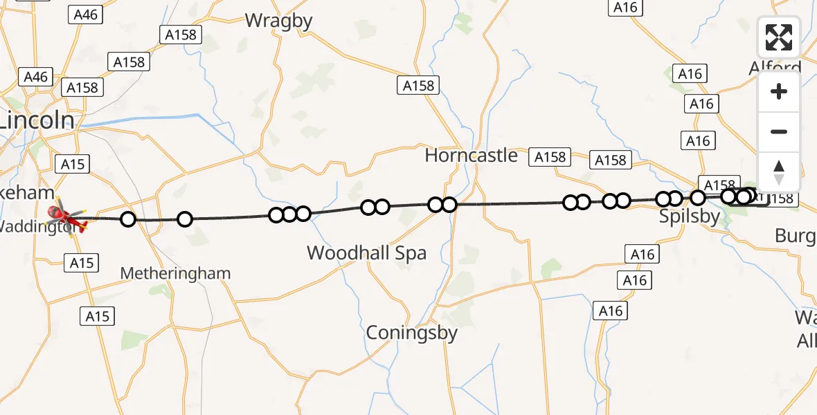 Flight path map showing Air Ambulance Helicopter route from Candlesby to North Kesteven