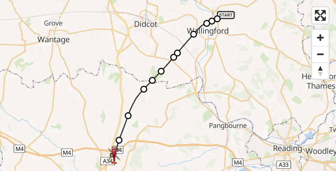 Flight path map showing Air Ambulance Helicopter route from RAF Benson to Chieveley