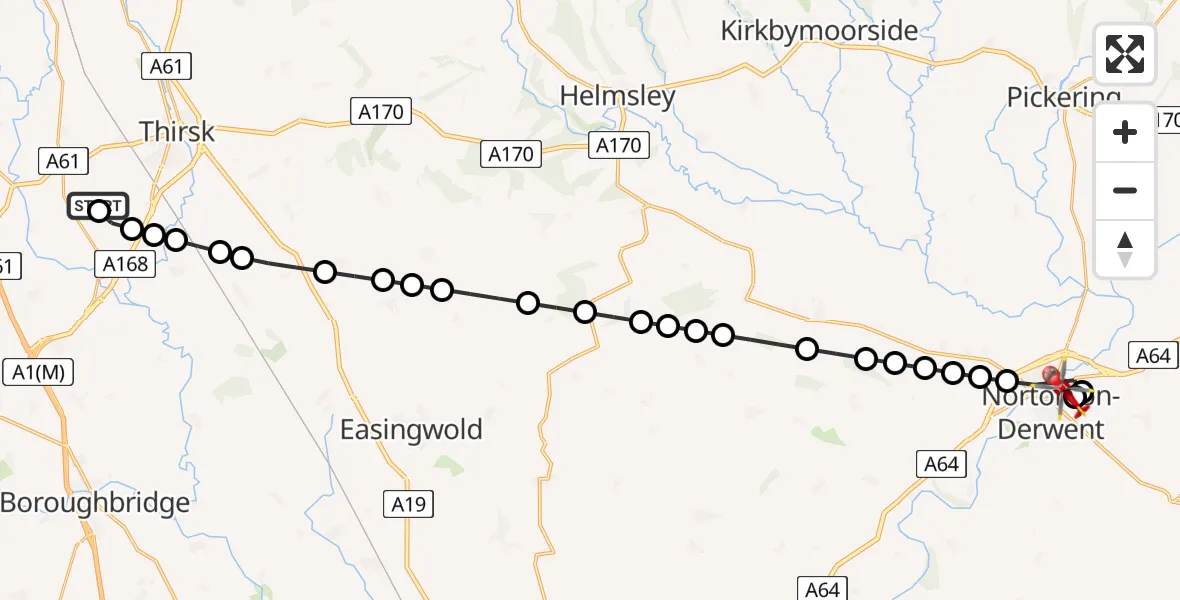 Flight path map showing Air Ambulance Helicopter route from RAF Topcliffe to Malton