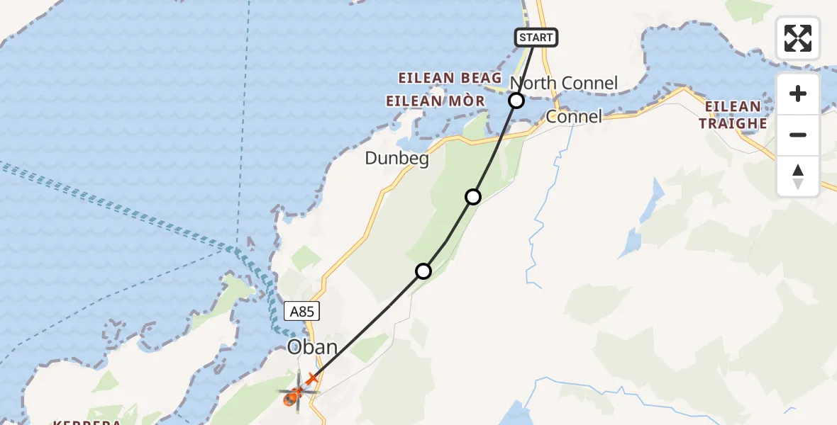 Flight path map showing Coastguard Helicopter route from Oban Airport to Inner Seas