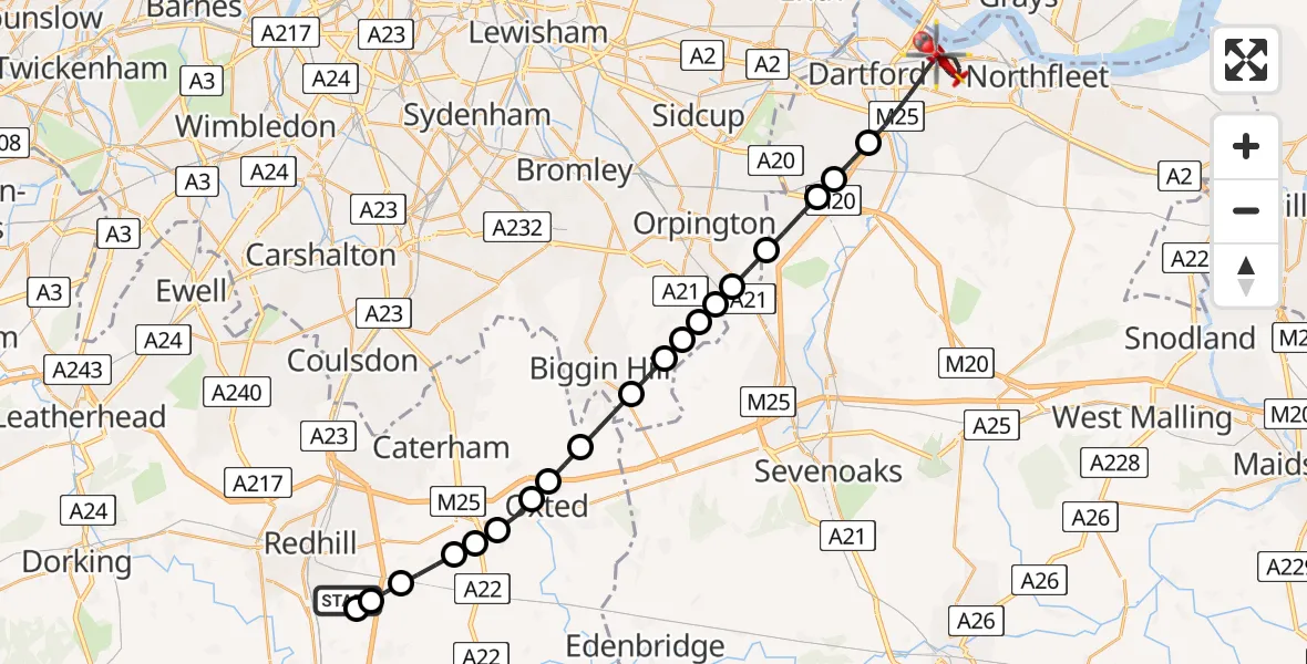 Flight path map showing Air Ambulance Helicopter route from Redhill Aerodrome to Dartford