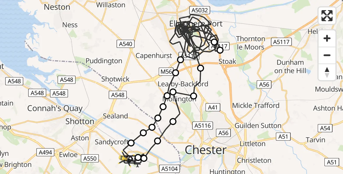 Flight path map showing Police Helicopter route from Hawarden Airport to Sandycroft