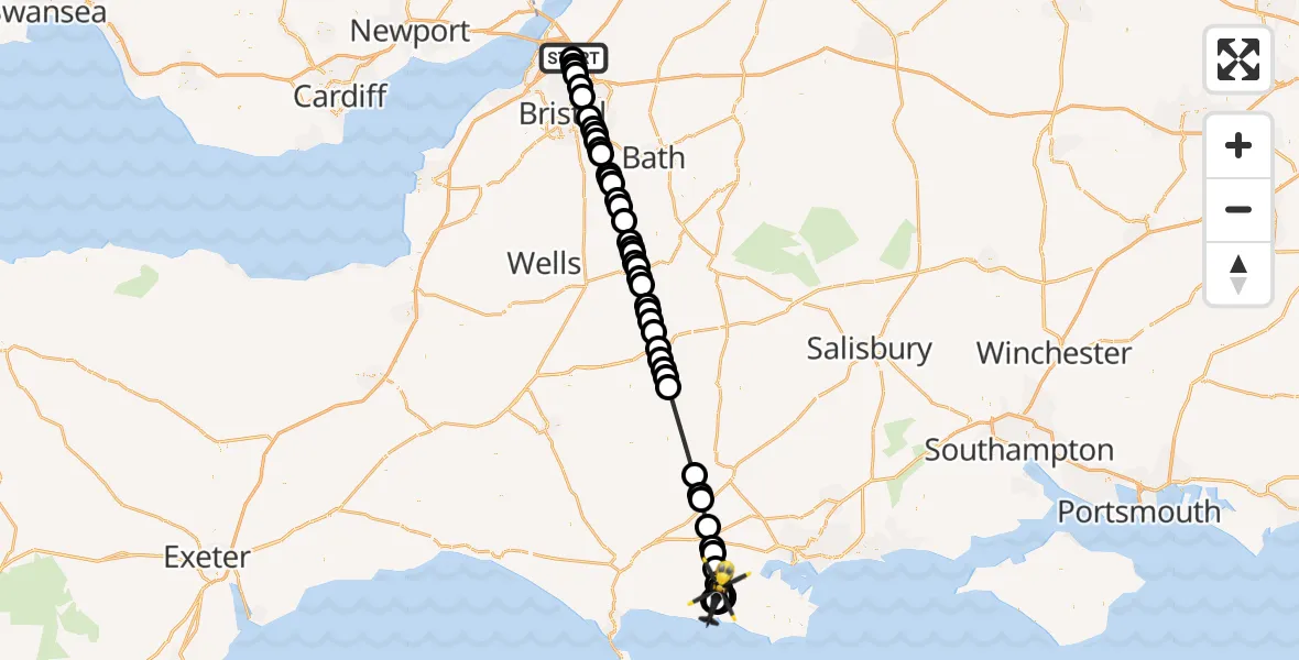 Flight path map showing Police Helicopter route from Almondsbury to Coombe Keynes