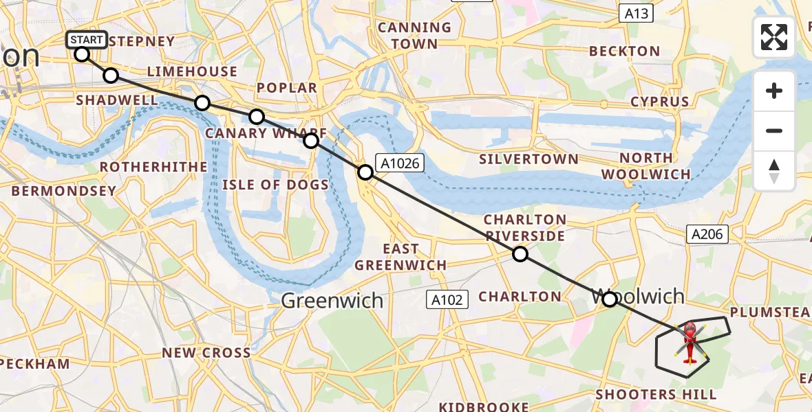 Flight path map showing Air Ambulance Helicopter route from Royal London Hospital to Shooters Hill