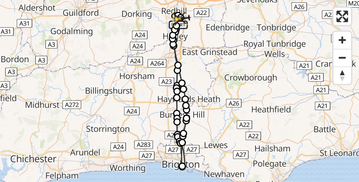 Flight path map showing Police Helicopter route from Salfords to Tandridge