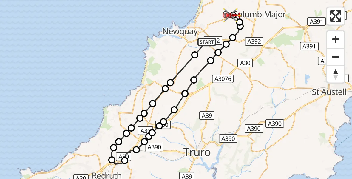 Flight path map showing Air Ambulance Helicopter route from Kestle Mill to Cornwall Airport Newquay